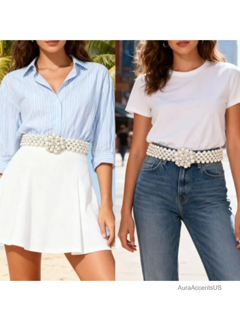 Elastic Pearl Waist Chain Belt with Rhinestone Buckle for Women